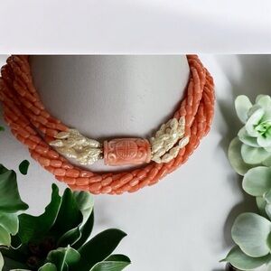 129g VTG Chinese Carved Angel Skin Coral Shou Bead Twist Multistrand Necklace